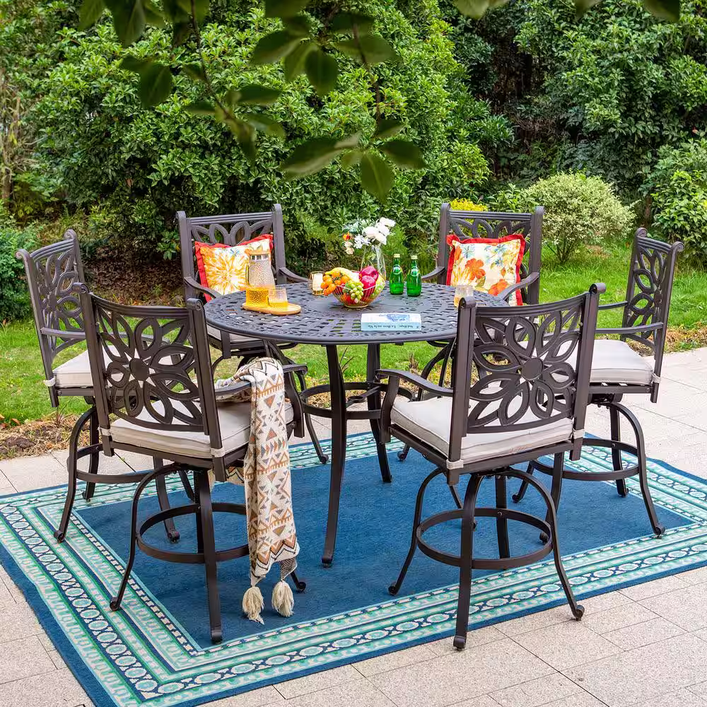 None Brown 7-Piece Cast Aluminum Patio Bar Height Outdoor Dining Set With Swivel Bar Stools With Beige Cushion