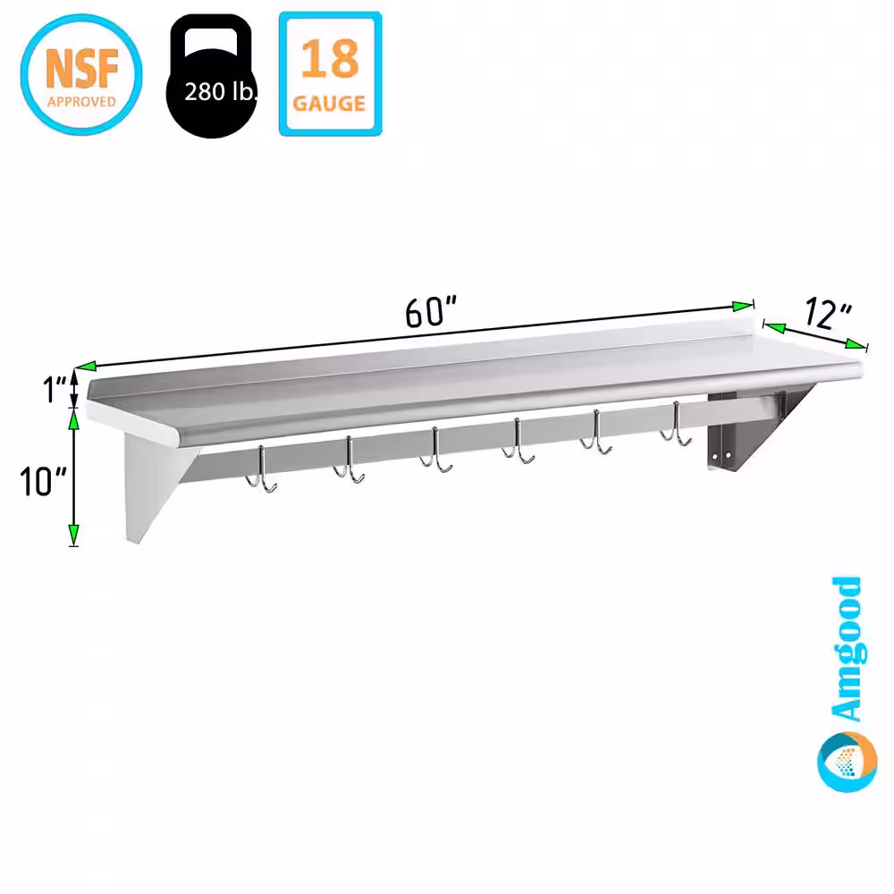 None 12 in. W x 60 in. D Stainless Steel Wall Mounted Pot Rack with Shelf Kitchen, Restaurant Room. Decorative Wall Shelf