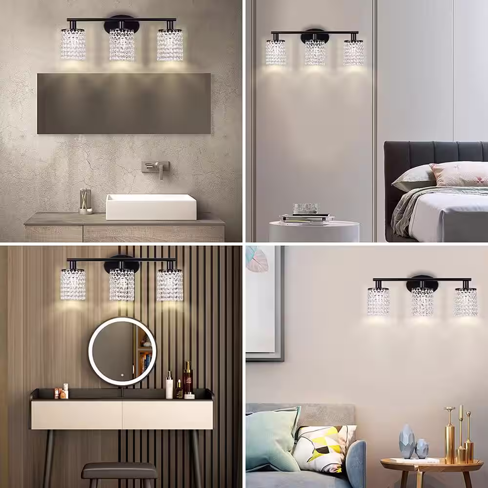 YANSUN 20.87 in. 3-Light Black Crystal Bathroom Wall Sconce, Modern Lighting Fixture Over Mirror