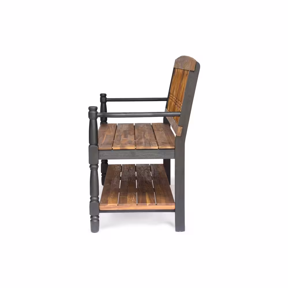 Noble House Lennon Farmhouse Teak Brown and Black Acacia Wood Indoor Bench with Shelf