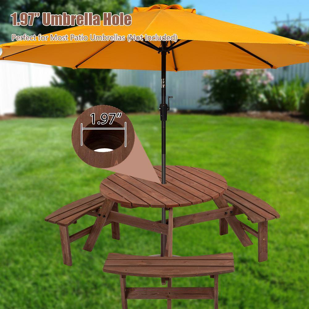 None 66.92 in. Brown Circular Outdoor Wooden Picnic Table w/3 Built-In Benches for Patio, Backyard, Garden 1720 lbs. Capacity