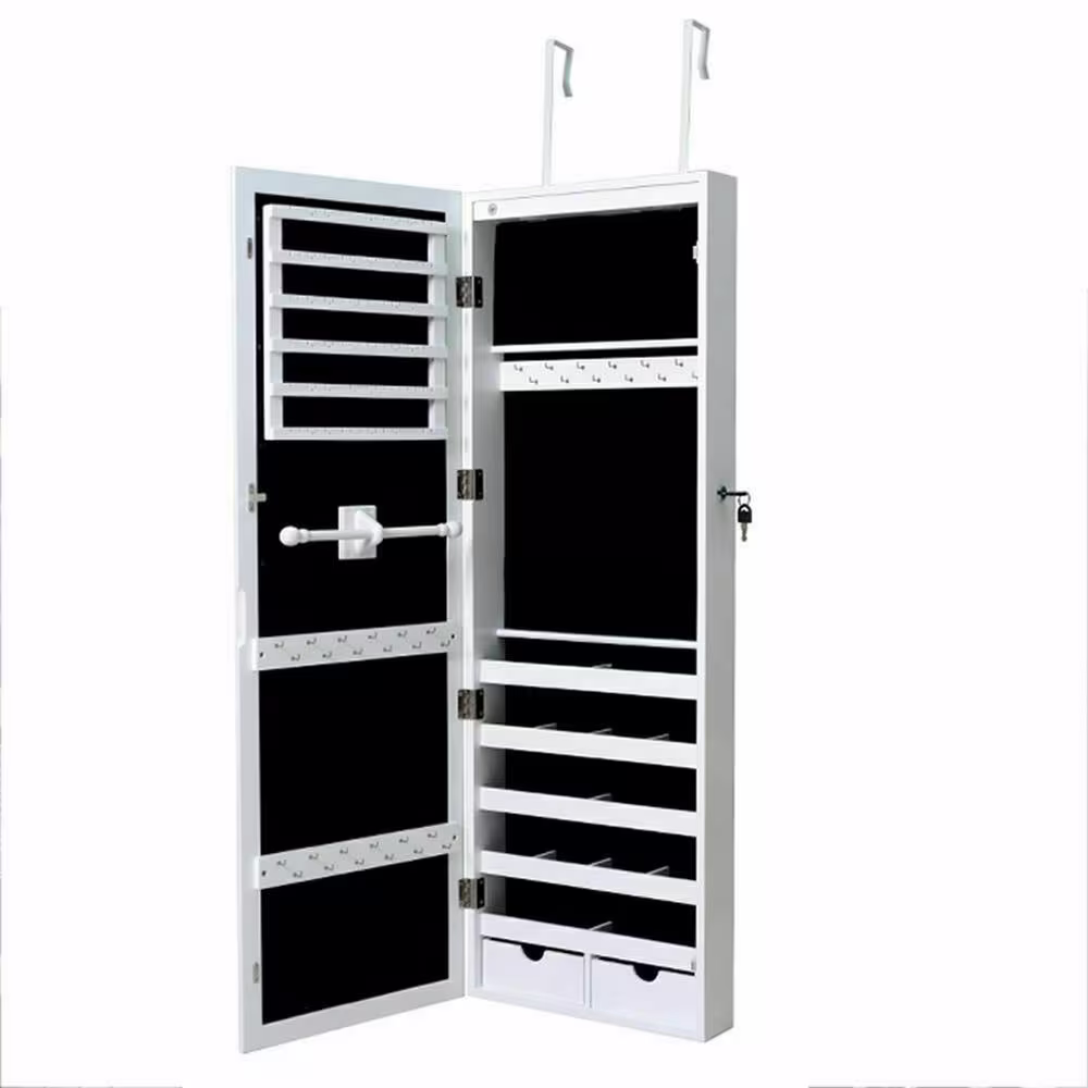 Costway Wall Mount Lockable Mirrored Jewelry Box Cabinet Organizer Armoire with Light Christmas