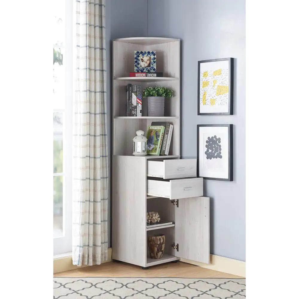 Furniture of America Hassan 70.75 in. H. Weathered Oak 6-Shelf Corner Bookshelf With Drawers