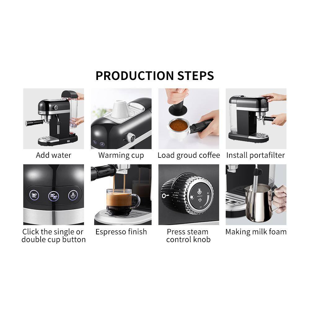 None 2-Cup 20 Bar Fast Heating Automatic Stainless Steel Espresso Machine with 1.4 L Detachable Transparent Water Tank