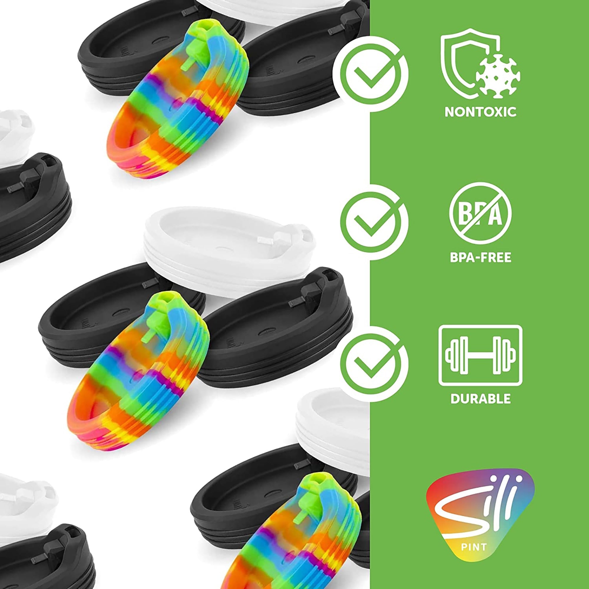 Silipint: Silicone Travel Cup Lids: For Pint Glasses and Tumblers: 4pk - 2 Bouncy Black, Frosted White and Hippie Hops