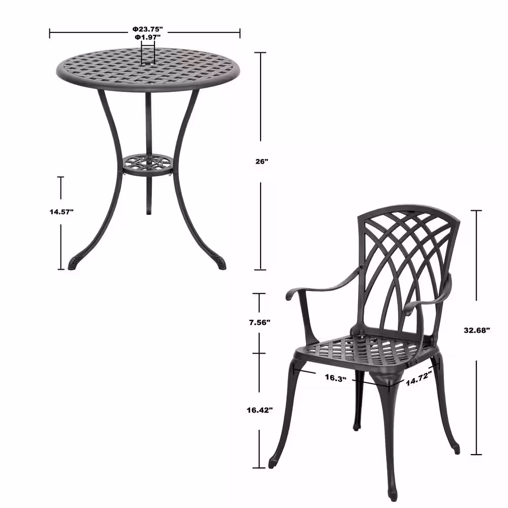 Nuu Garden 3-Piece Cast Aluminum Outdoor Bistro Set Patio Furniture Table Set in Black