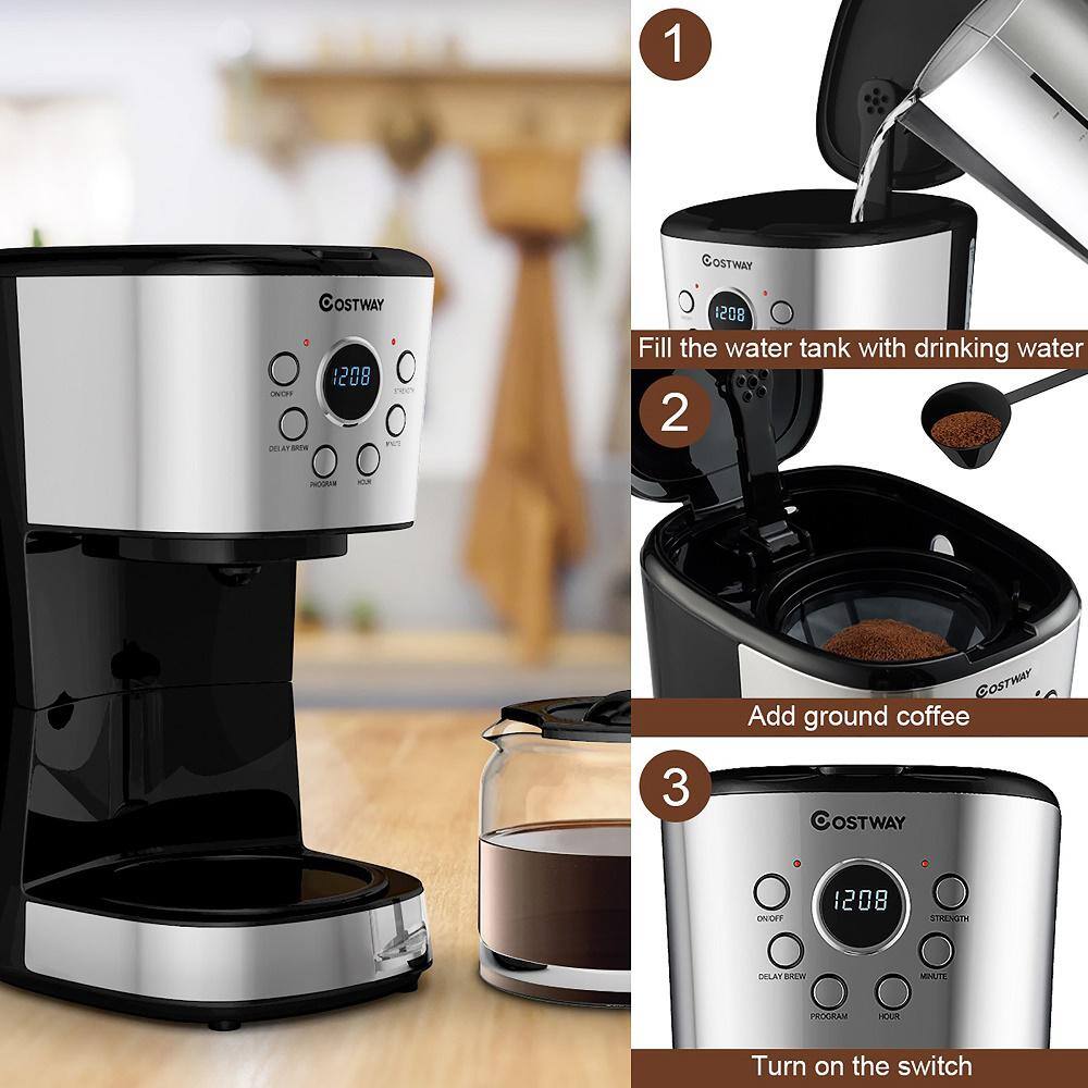 Costway 12-Cup Silver Drip Coffee Maker Brew Machine LCD Display