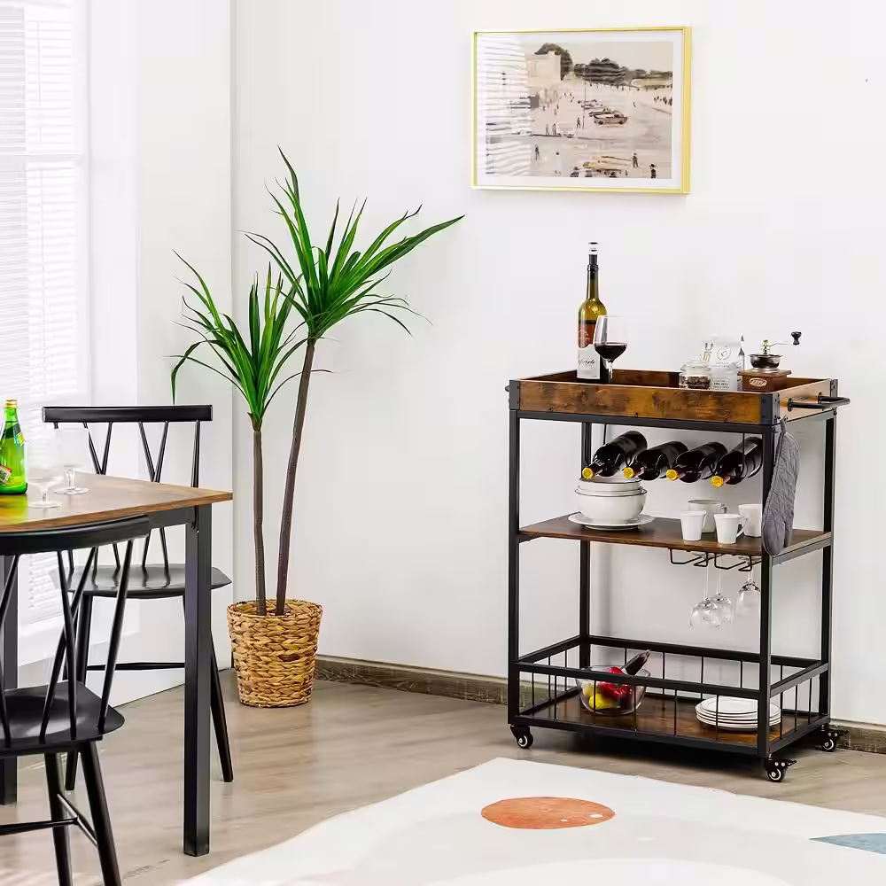 Costway Brown 3-Tier Rolling Kitchen Bar Cart Serving Trolley Wine Rack Removable Tray