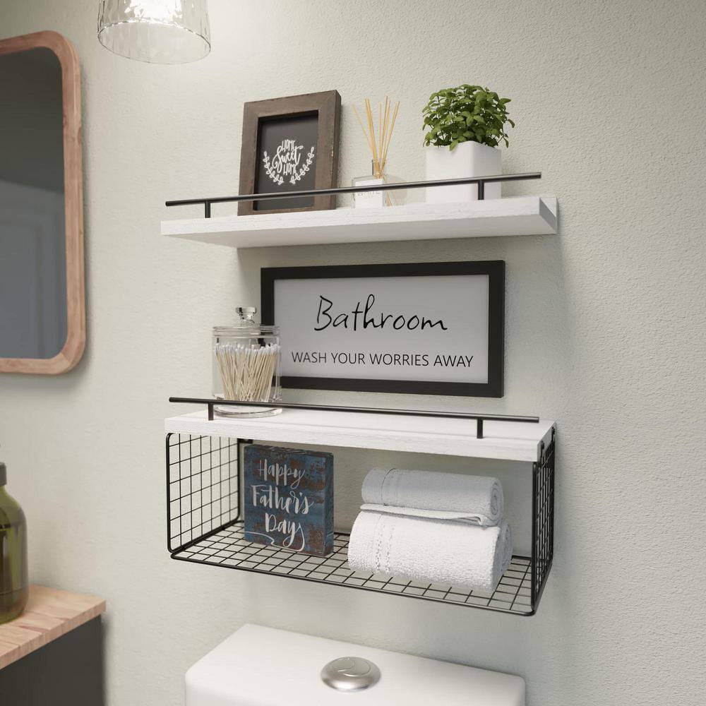 None 6 in. D x 16 in. W x 5.5 in. H White Wood Floating Decorative Wall Shelf (Set of 3)
