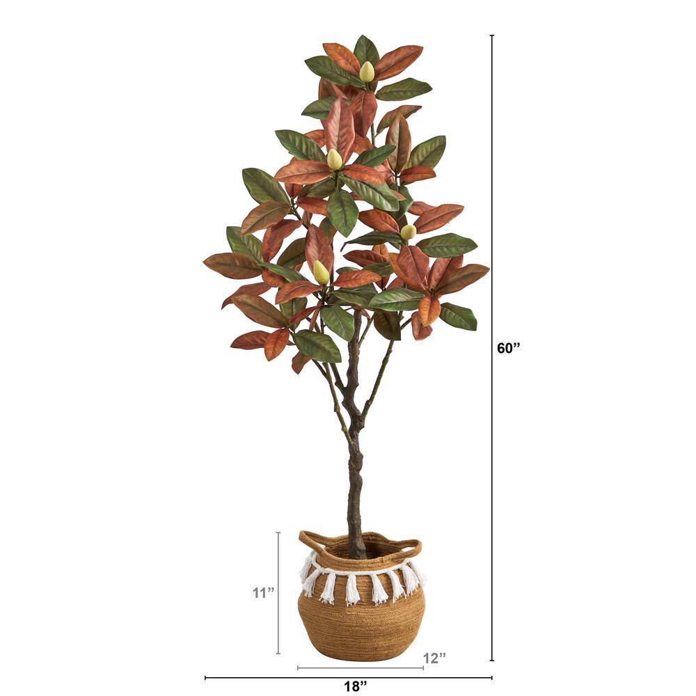 Nearly Natural 5ft. Brown Artificial Fall Magnolia Tree with Handmade Jute and Cotton Basket with Tassels