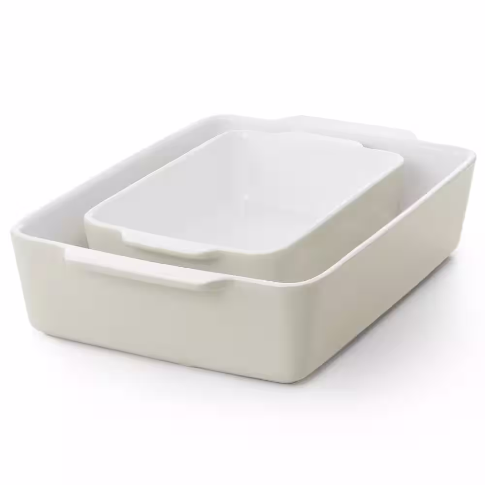 None Everyday 2-Piece Rectangular Stoneware Large and Medium Baker Bakeware Set in Taupe