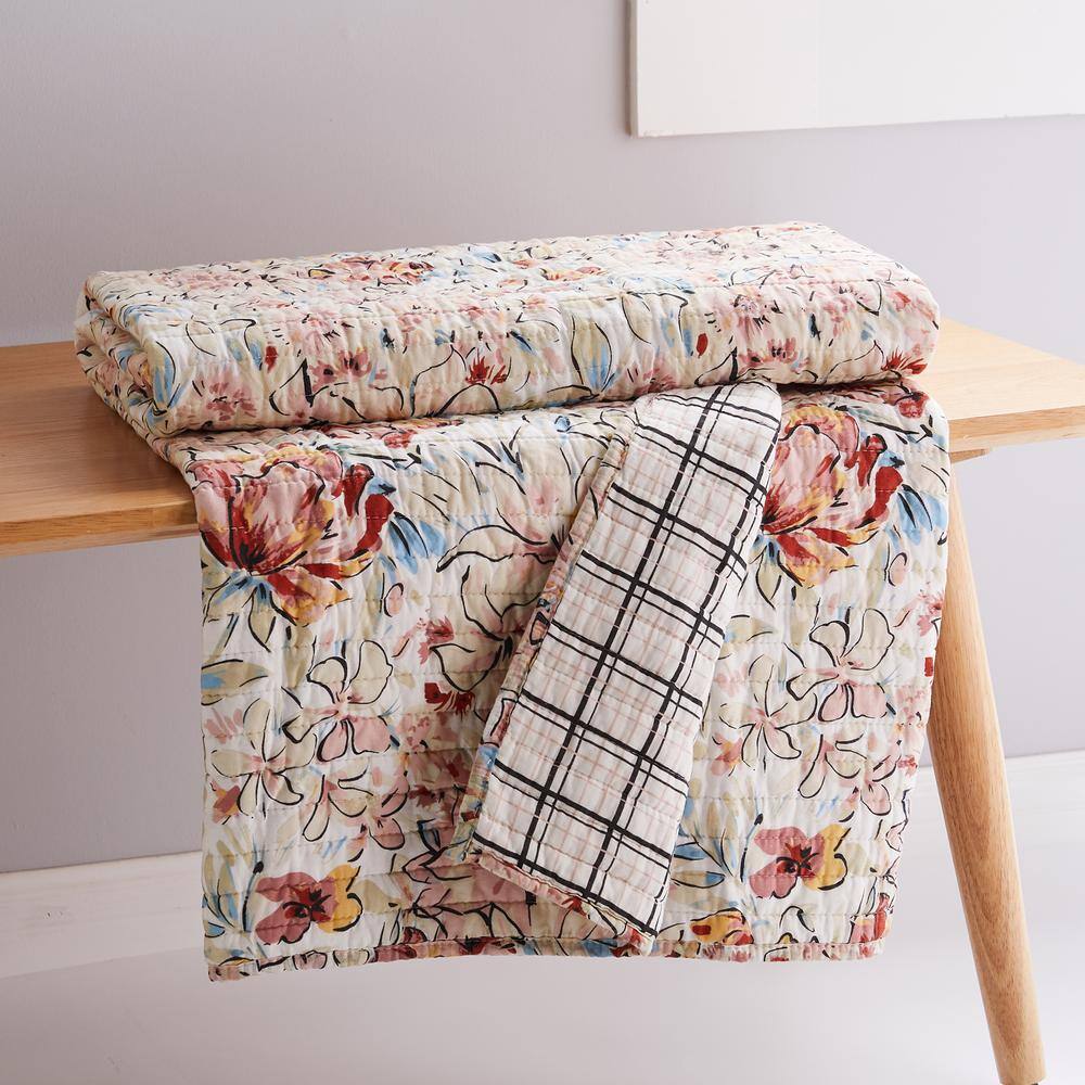 None Leonora Dusty Pink Floral Quilted Cotton Throw Blanket