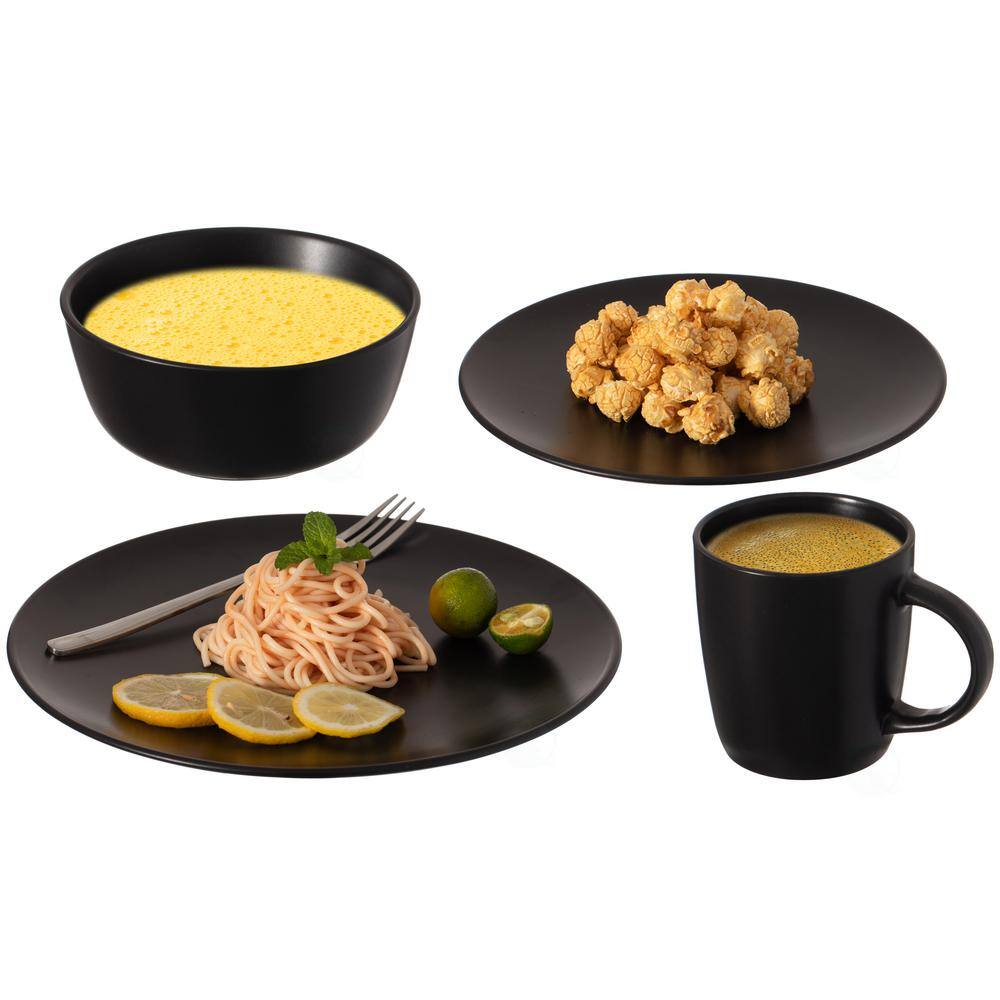 Quickway Imports 16-Piece Matte Black Dinnerware Dish Set for 4 Person Mugs, Salad and Dinner Plates and Bowls Sets, High Quality Dishes