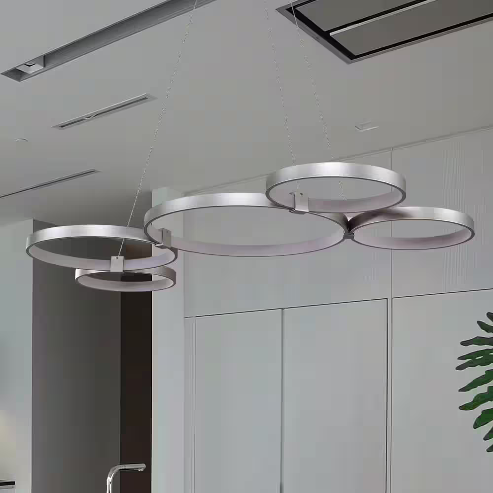 VONN Lighting Capella 80-Watt ETL Certified Integrated LED Silver Chandelier 50 in. Pendant Light with 5 LED Circles