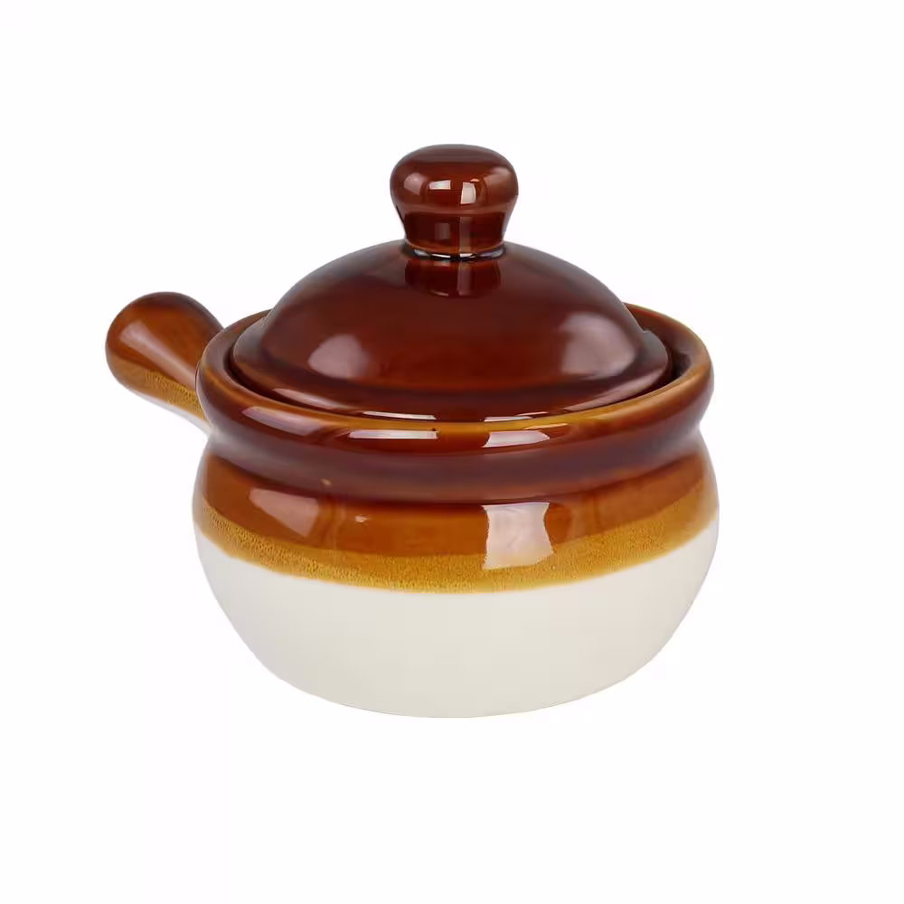 Elama Long Handle 15 fl. oz. Brown French Onion Stoneware Soup Bowl with Lid (Set of 4)