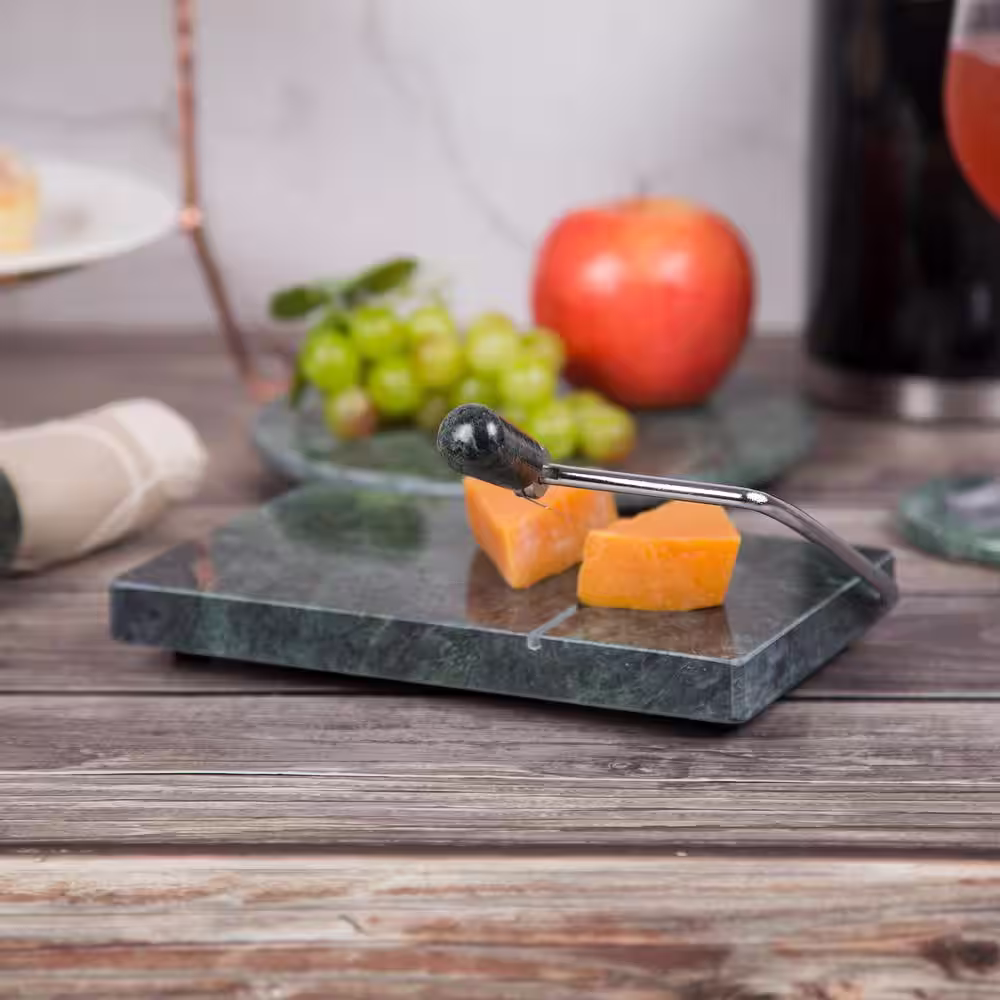 Creative Home Natural Green Marble Stone 5 in. L x 8 in. W Cheese Slicer, Butter Cutter with Replacement Wire