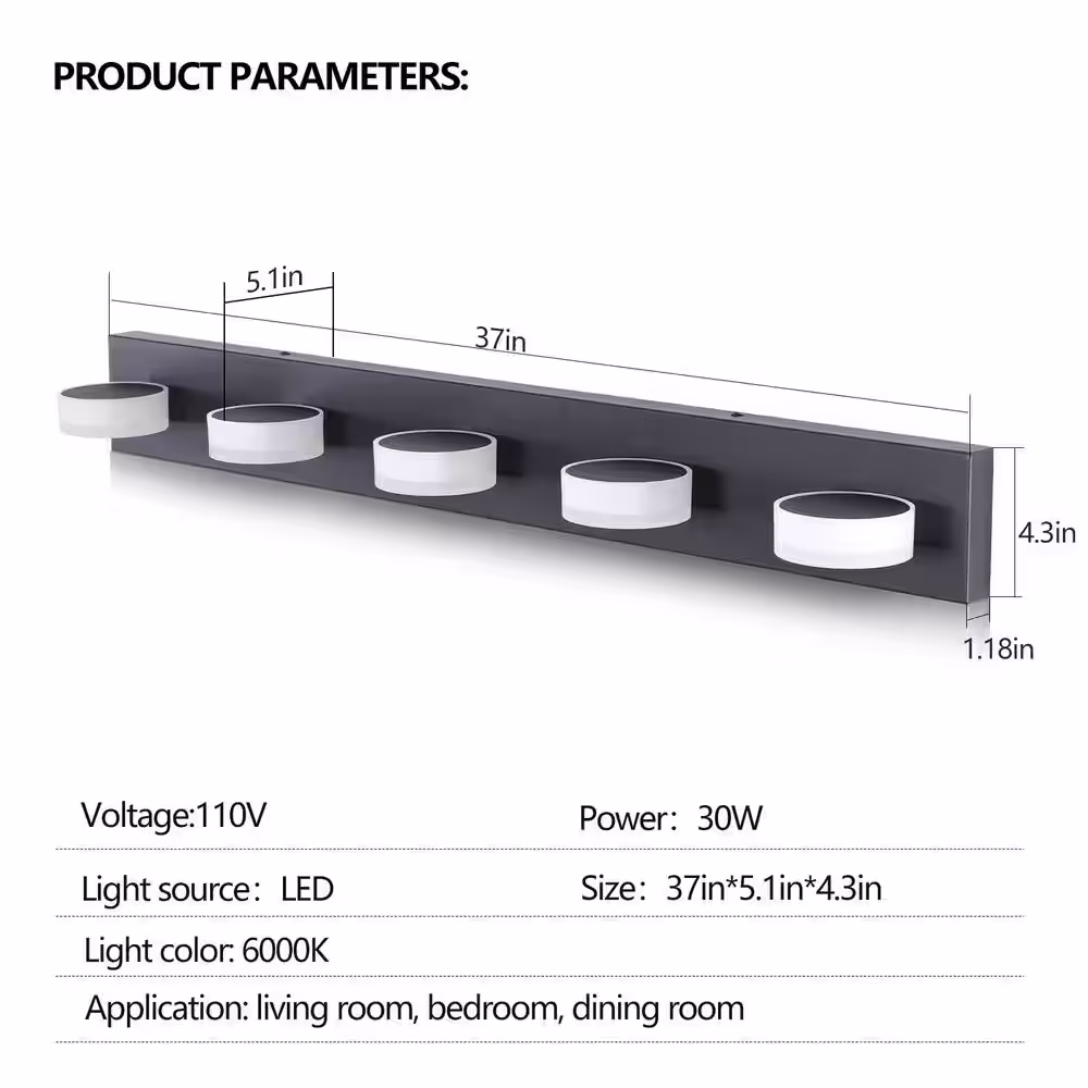 None 37 in. 5-Light Black LED Vanity Lights Bar Fixtures Over Mirror Bath Wall Lighting