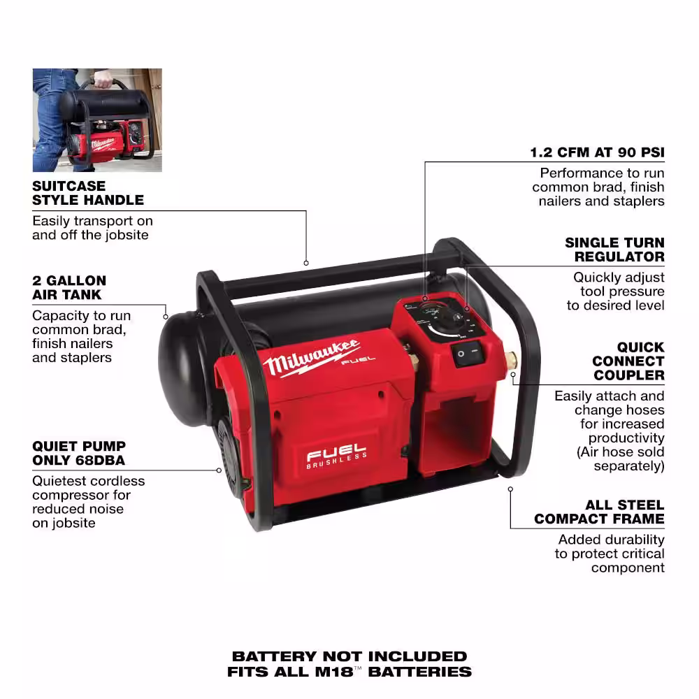 Milwaukee M18 FUEL 18-Volt Lithium-Ion Brushless 2 Gal. Electric Compact Quiet Compressor and Polarized Tinted Safety Glasses