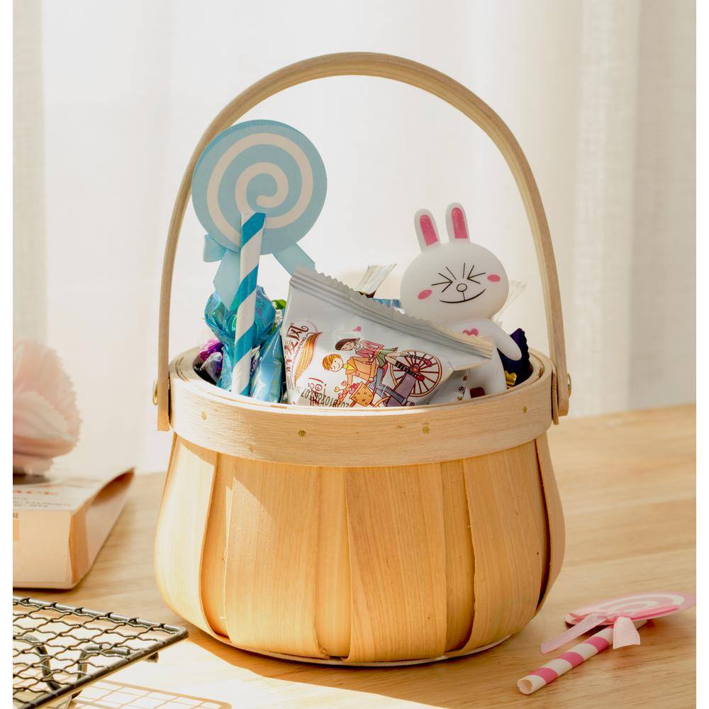 Vintiquewise Small Round Natural Woodchip Wooden Decorative Storage Basket with Handle