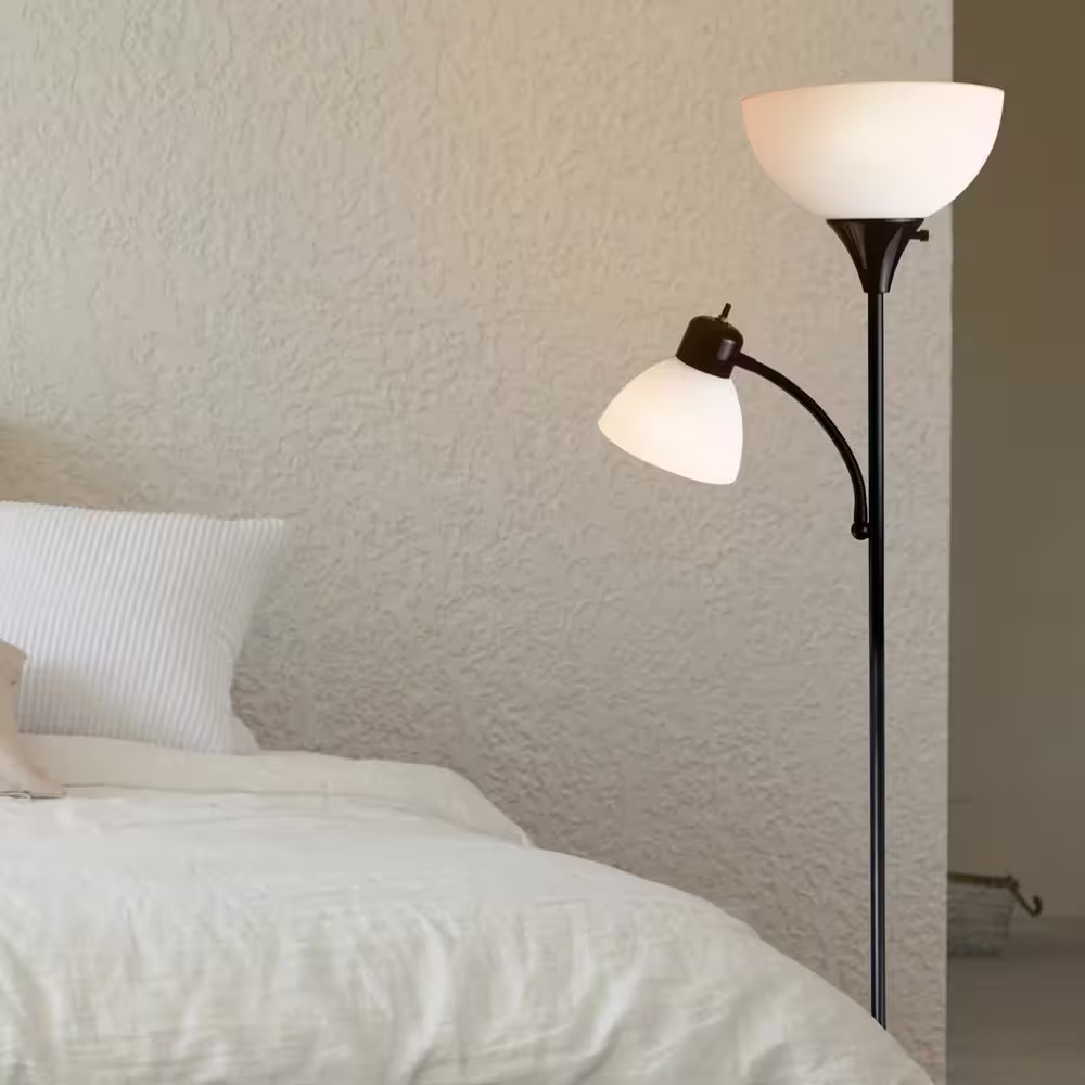 Newhouse Lighting 71 in. Torchiere William Standing Floor Lamp, Two-in-One Reading Light for Bedroom/Living Room, Black