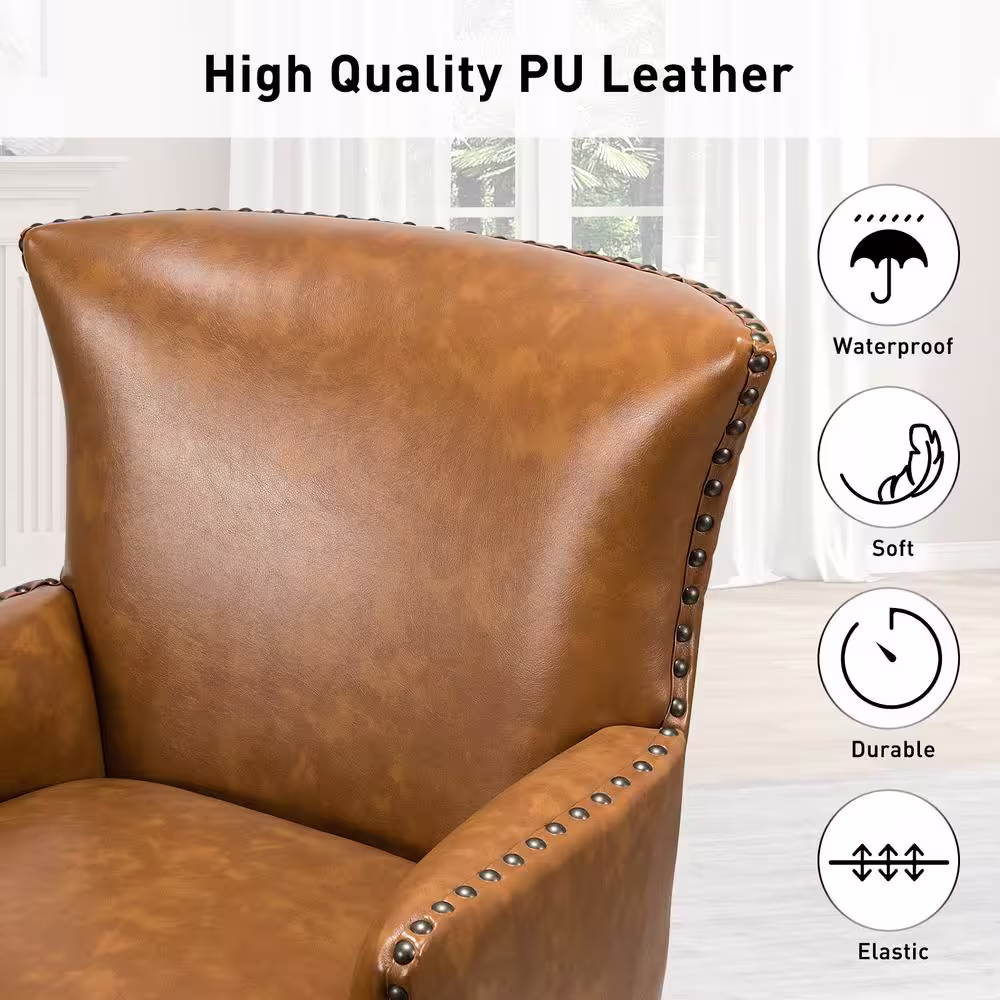 JAYDEN CREATION Bonnot Transitional Camel Faux Leather Wingback Armchair with Nailhead Trim and T-Cushion (Set of 2)
