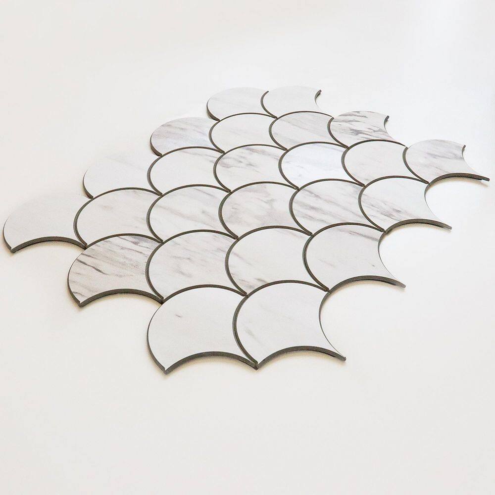 AVANT DECOR Seoul Carrara Fish Scales 5 in. x 5 in. 4mm Stone Peel and Stick Backsplash Tile Sample Cut Tile (.17 sq. ft./Sample)