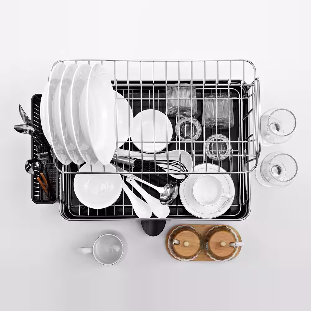 happimess Simple 20.75 in. Stainless Steel Black Fingerprint-Proof Stainless Steel 2-Tier Dish Rack with Swivel Spout Tray