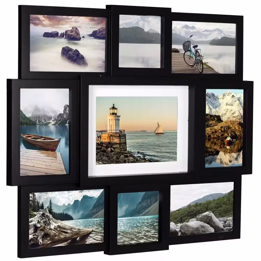 Malden International Designs 2-4 in. x 4 and 6-4 in. x 6 and 1-5 in. x 7 in. Black 9-Opening Array Puzzle Collage Picture Frame