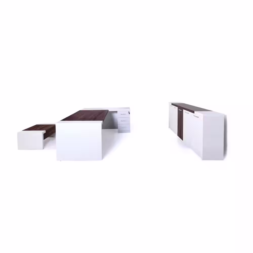 CASA MARE Modern Leon 87 in. White and Brown Wood L Shaped Desk Office Suite Furniture (Set of 3)