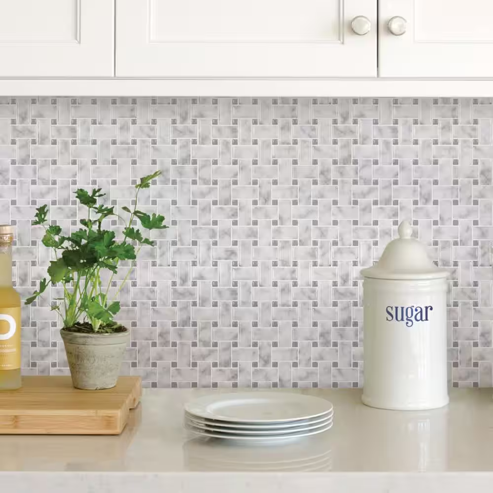 InHome Basketweave 10 in. x 10 in. Off White Carrara Peel and Stick Backsplash Tiles