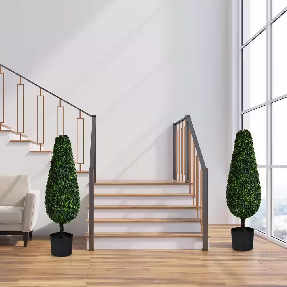 ANGELES HOME 2- Pieces 3 ft. Green Indoor Outdoor Decorative Artificial Topiary Boxwood Tree Plant in Pot, Faux Fake Tree Plant