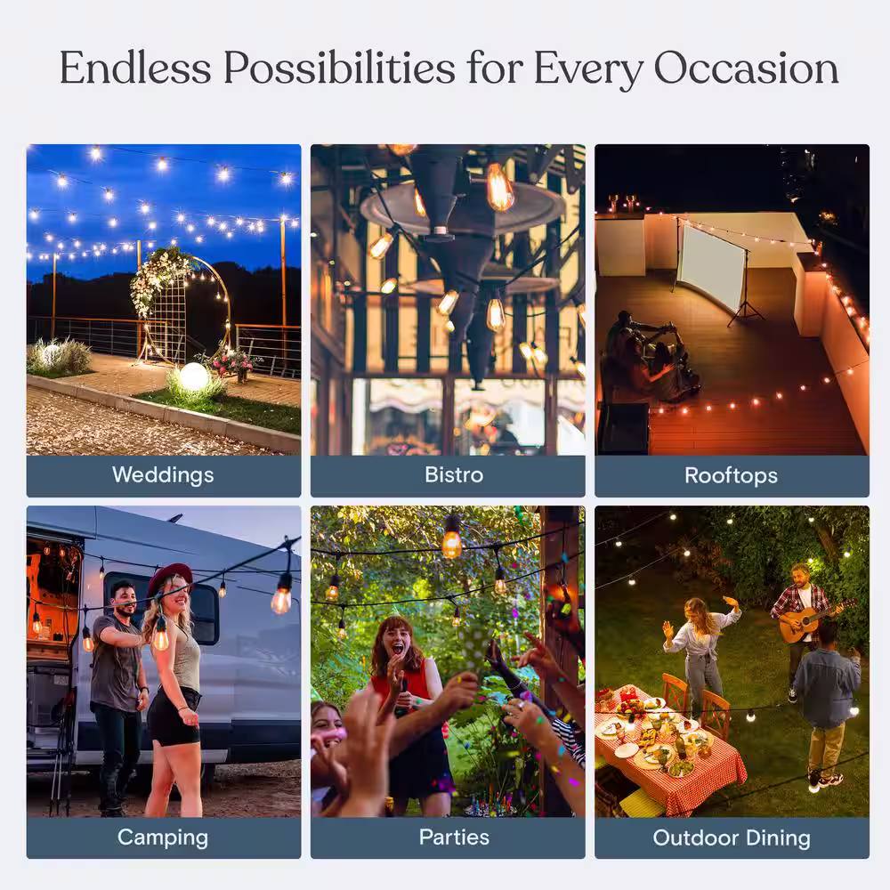 Brightech Ambience Pro White 15-Light 48 ft. Outdoor Plug-in 2W 2700k LED S14 Hanging Edison Bulb String-Light