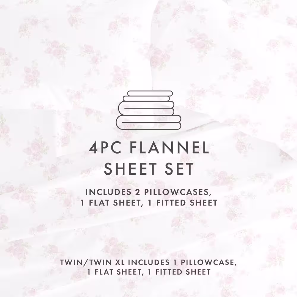 Becky Cameron Premium 4 Piece Pink Rose Bunch Flannel Queen Sheet Set