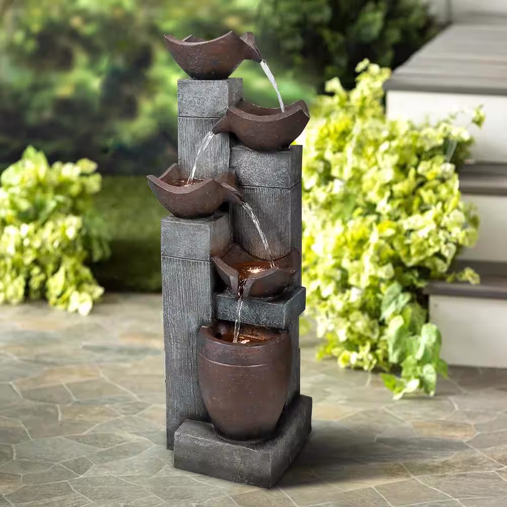 Watnature Resin Outdoor Relaxing Water Fountain - 39.7in Modern Outdoor Fountain, Garden Waterfall Fountain with Lights for Garden