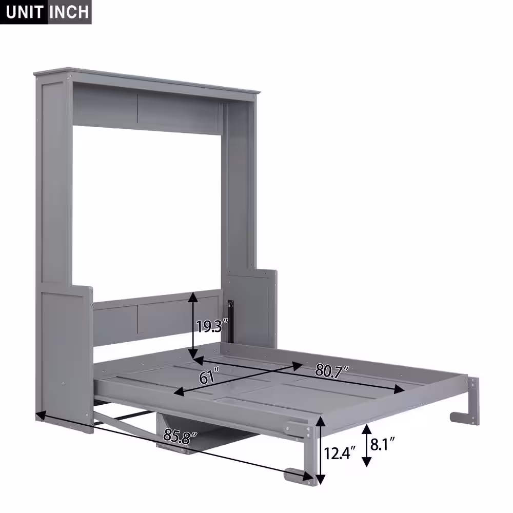 Harper & Bright Designs Gray Wooden Frame Queen Size Murphy Bed with a Storage Shelf
