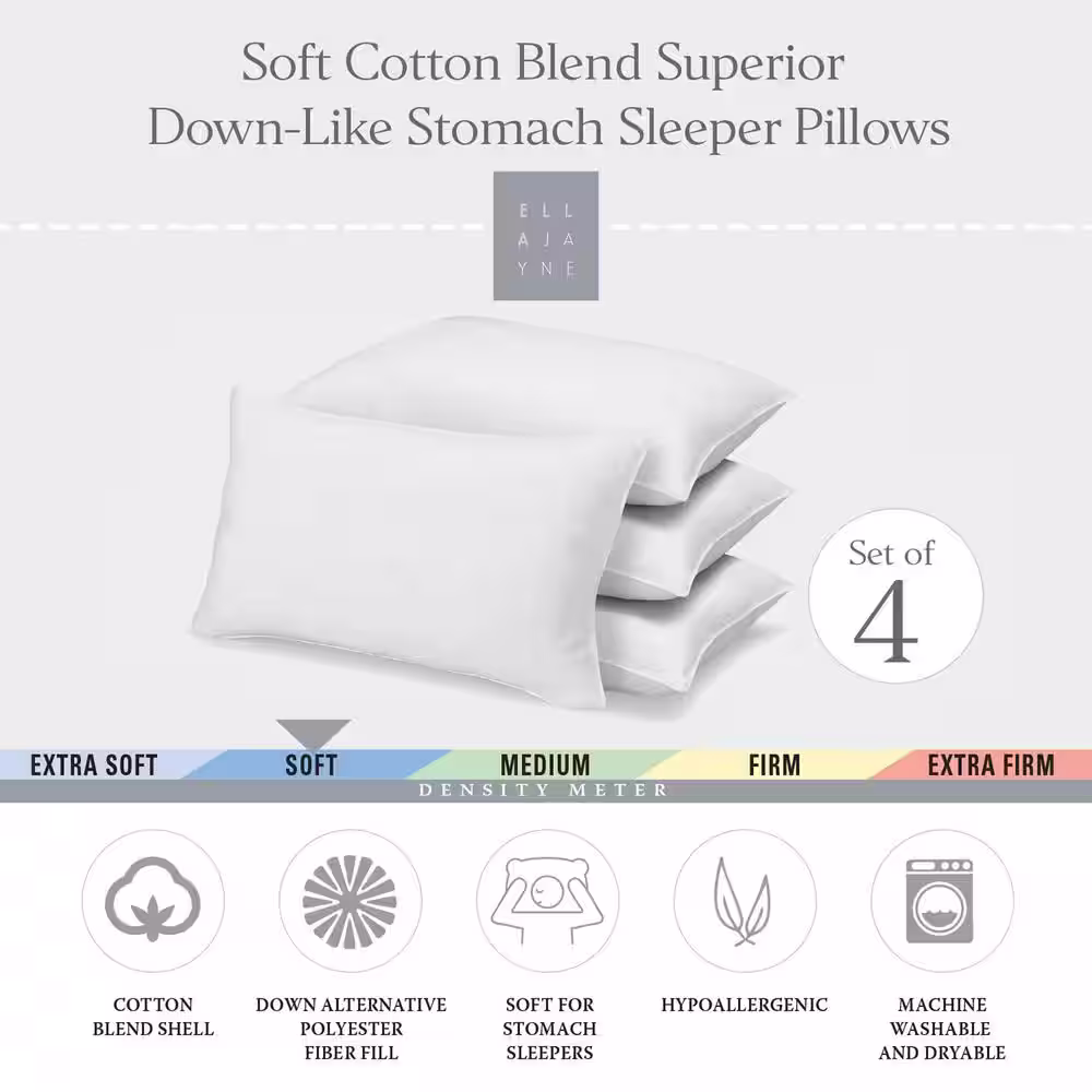 ELLA JAYNE Down Alternative Soft Poly-Cotton Queen Size Pillow Pack of 4