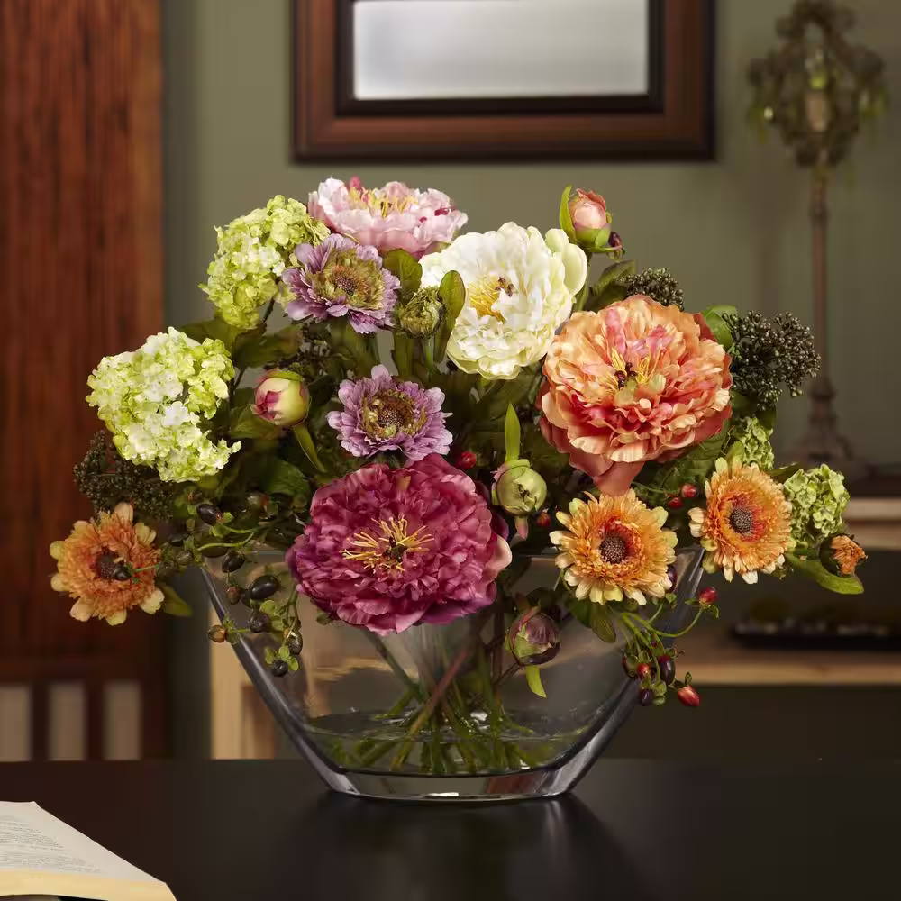 Nearly Natural 14 in. Artificial Peony Silk Flower Arrangement with Glass Vase