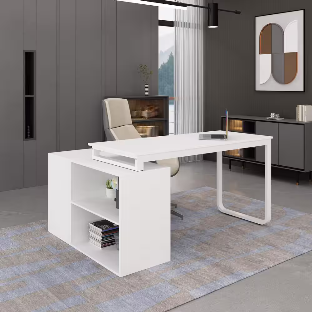 None L-Shaped Wooden Computer Desk, White Finish with 1 Drawer, Open Shelves and Eco-Friendly Paint Finish, 55.1 in. W