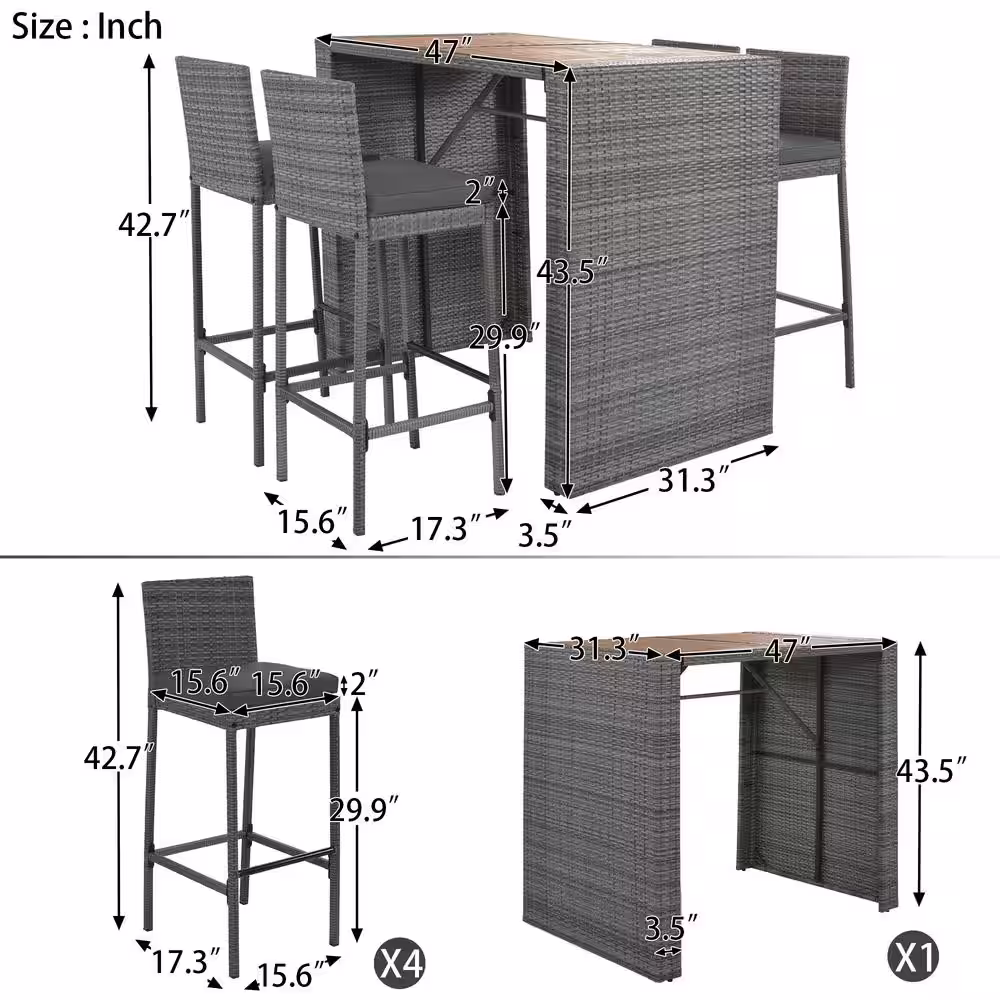 Harper & Bright Designs 5-Piece Wicker Outdoor Dining Set with Gray Cushions and Acacia Wood Table Top