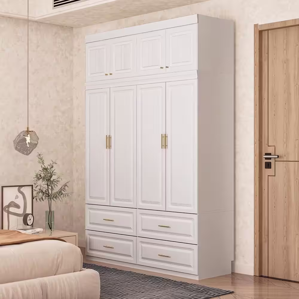 None White 8-Door Big Wardrobe Armoires with Hanging Rod, 4-Drawers, Storage Shelves 93.9 in. H x 63 in. W x 20.6 in. D