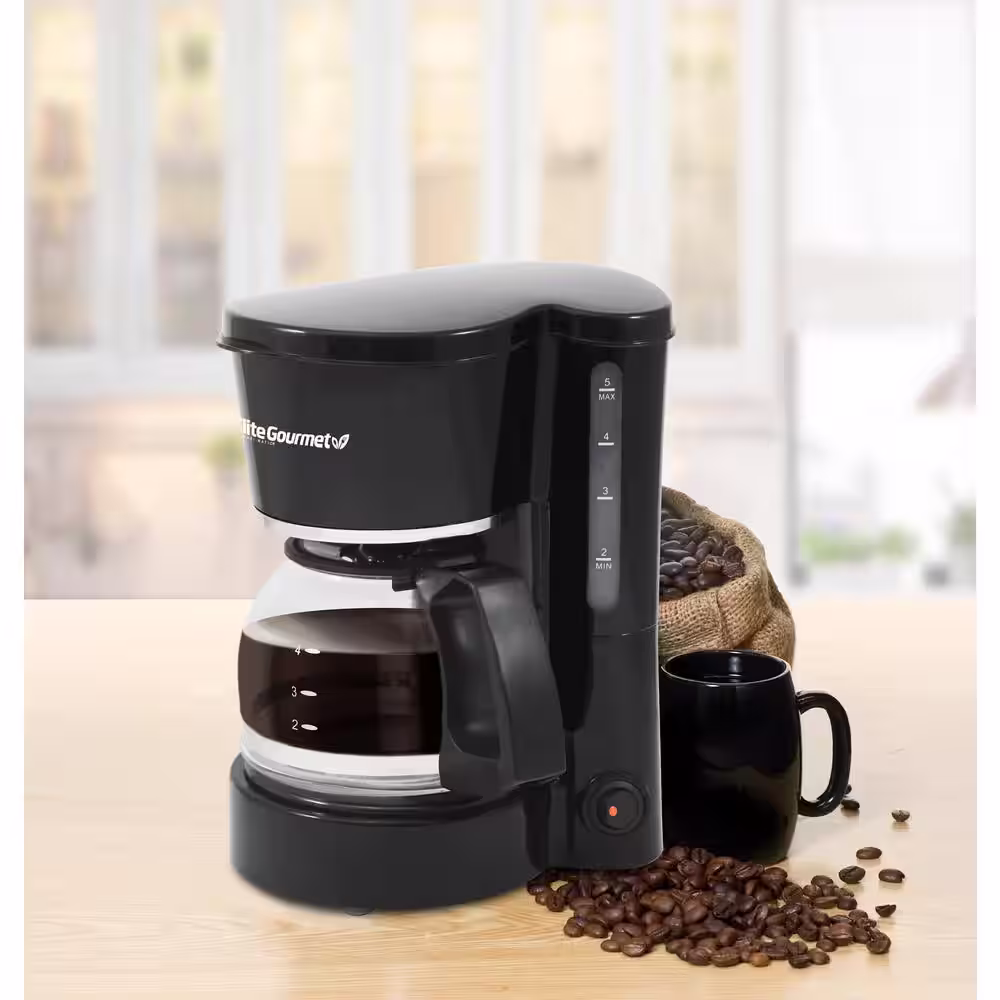 Elite Cuisine 5-Cup Black Coffee Maker with Pause and Serve with Washable Filter