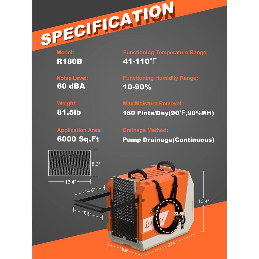 None 180 pt. 6000 sq. ft. Bucketless Commercial Dehumidifier in. Oranges Peaches with Drain Hose and Pump