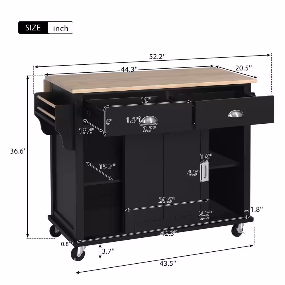 Harper & Bright Designs 52.2 in. W Black Kitchen Cart with Rubber Wood Drop-Leaf Countertop, Storage Cabinet and 2-Drawers