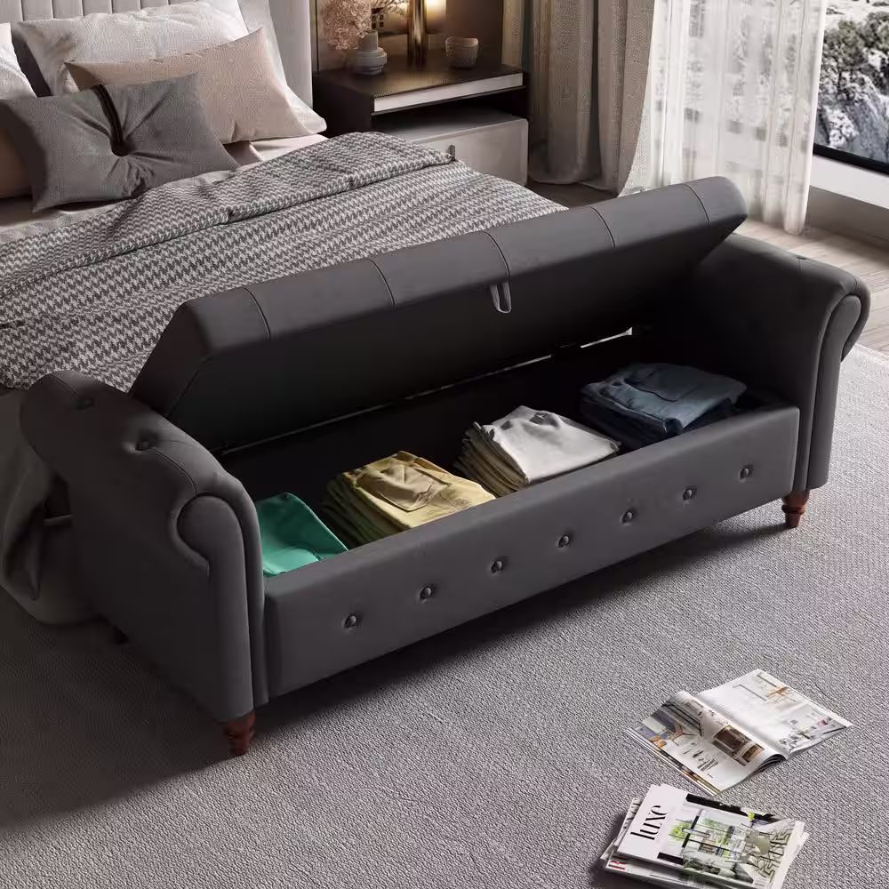 Harper & Bright Designs Dark Gray Tufted Armed Storage Bedroom Bench 24.4 in. H x 63 in. W x 22 in. D
