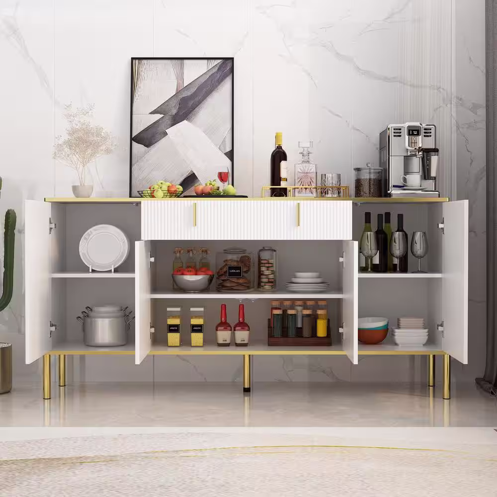 None White Wavy Paint Touch Doors Accent Storage Cabinet with Adjustable Shelves and Drawer