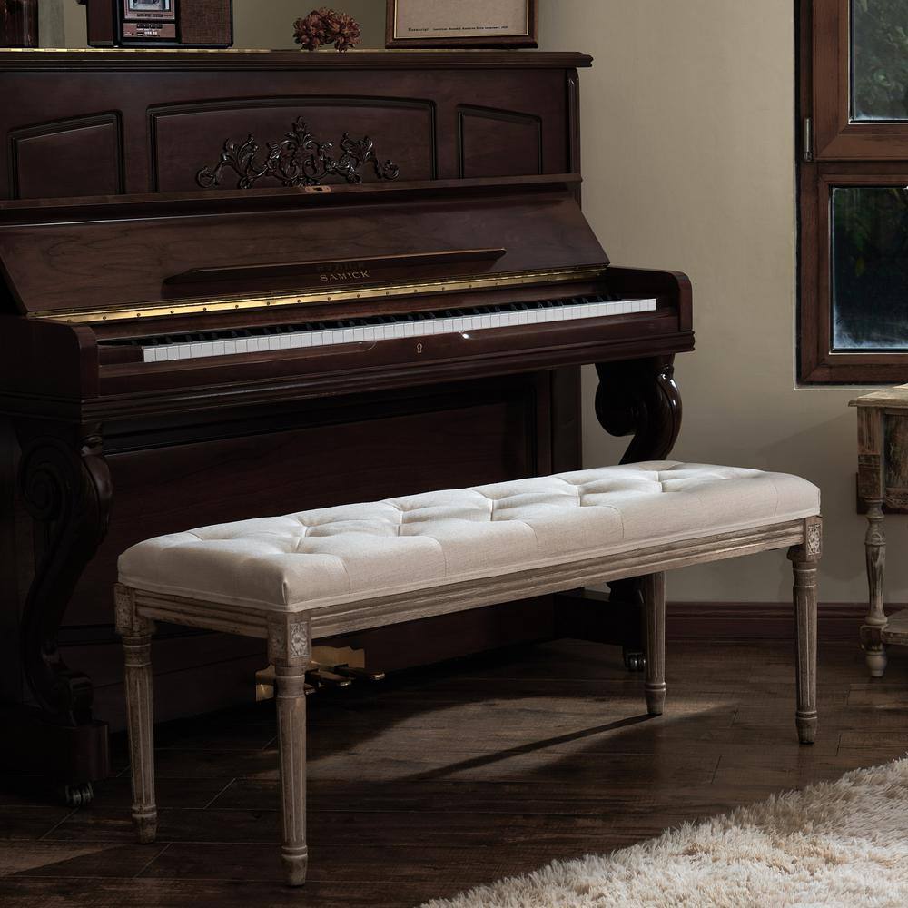 Merra Beige French Vintage Upholstered Bench with Carved Solid Wood Frame (18.1 in. H x 47.2 in. W x 15.7 in. D)